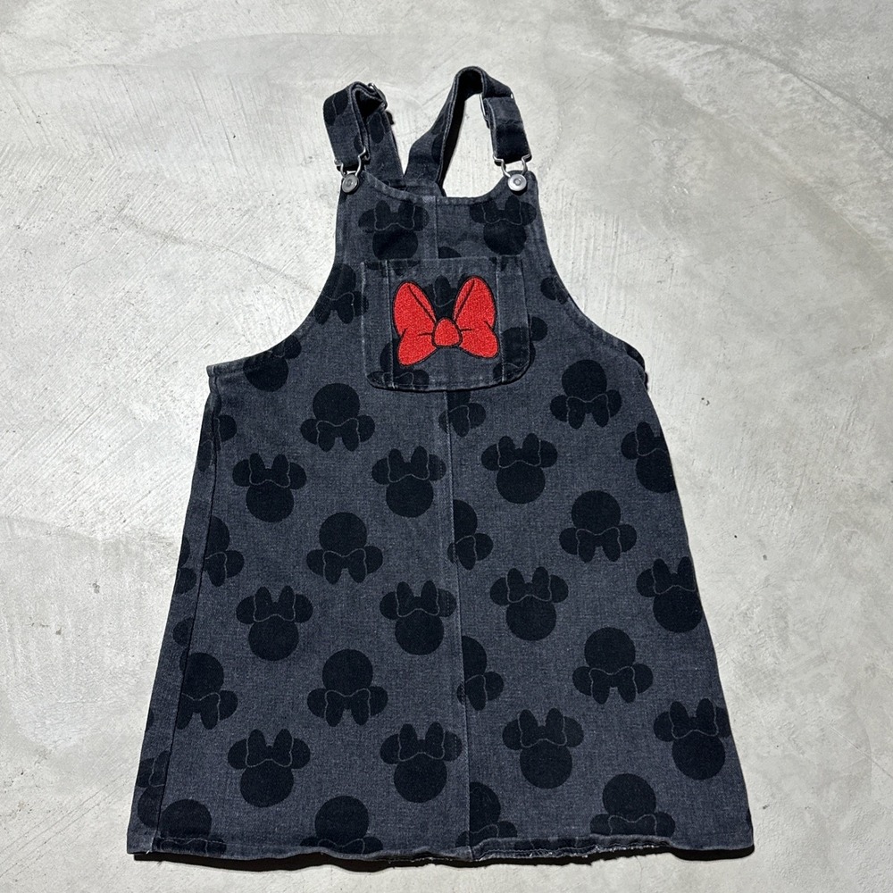 Disney Collection Minnie Mouse Gray Denim Jumper Dress Red Bows SZ 6 Y2K